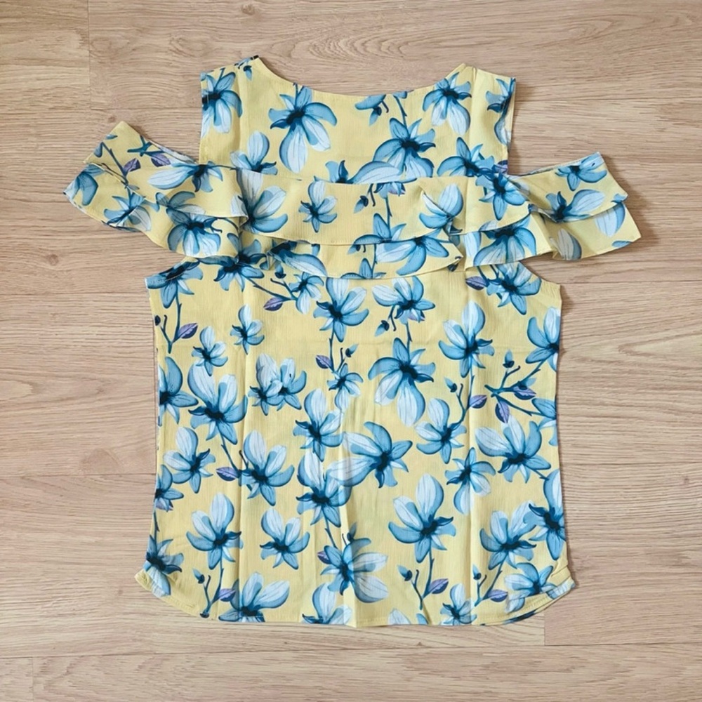 NEW Yellow/Blue Floral Cold Shoulder Ruffled Blouse - Picture 4 of 4